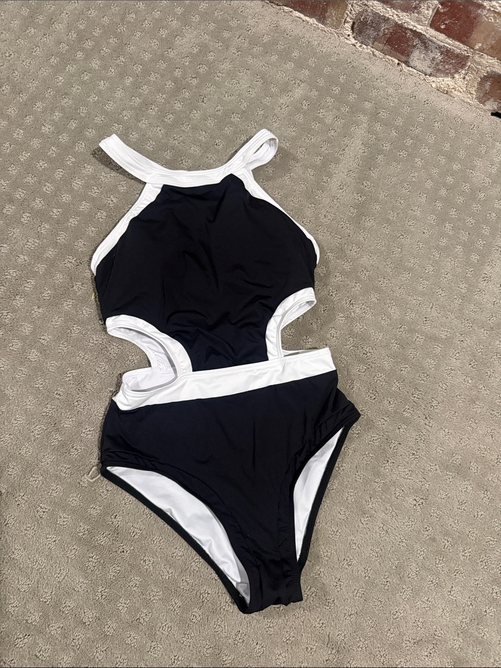 Girls Black and White Cutout One-Piece Swim Suit by